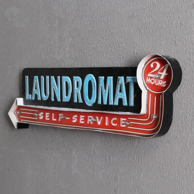 Letrero colgante vintage de metal con luz LED lavandería tienda arte decoración de pared Foto 1 de 4