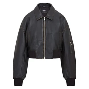 Ladies Oversized Black Leather Bomber Jacket Vintage Leather MA-1 Varsity Retro - Picture 1 of 8