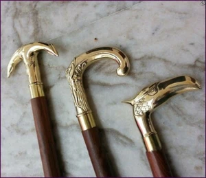 SET OF 3 -BRASS DESIGNER HANDLE VICTORIAN CANE VINTAGE WOODEN WALKING STICK GIFT - Picture 1 of 6