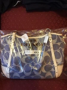 NWT COACH COBALT/CHALK CHAIN SHANTUNG SIGNATURE TOTE SHOULDER HANDBAG F29321 - Picture 1 of 12