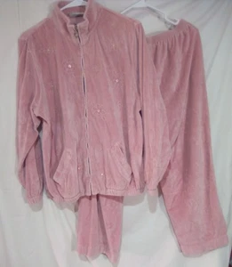 Vintage Alfred Dunner 2 Piece Pants Set Pink Velour Embroidered Zipup Womans 14P - Picture 1 of 9