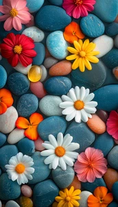 Leinwandbild helle Blumen glatte Steine blau orange Wandbild Poster Druck - Bild 1 von 22