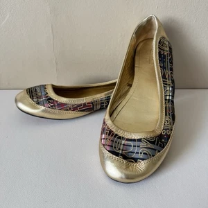 COACH Ballet Flats Gold Tartan Plaid True Graffiti Logo Shoes Slip On Sz 7.5 Y2K - Picture 1 of 8