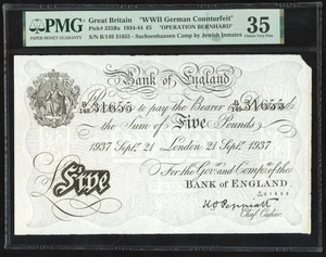 WWII Operation Bernhard Counterfeit £5 Pounds 21 Sept 1937 PMG Choice VF 35 - Picture 1 of 2