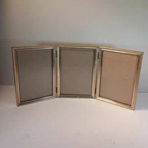 Vintage Goldtone Metal Triple Picture Photo Frame Hinged Tri-Fold 5" x 7" - Picture 1 of 7