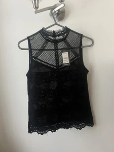 New Women’s New Look Black Dobby Victoriana Mesh Insert High Neck Top Size 6 - Picture 1 of 2