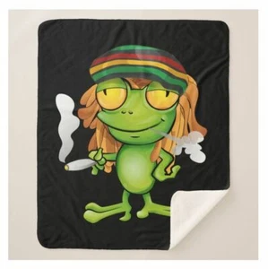 Reggae Rasta Pot Smoking Jamaica Frog Cartoon Black Sherpa Fleece Throw Blanket - Picture 1 of 5