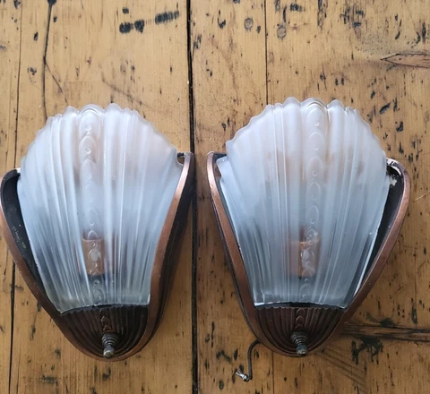 Antique Pair Art Deco Slip Glass Shade Wall Sconce Streamline. 1930s Cover