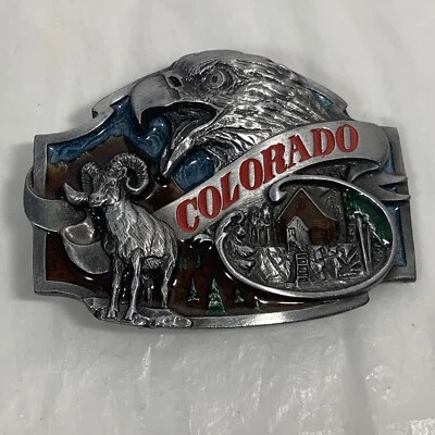 VTG 1988 COLORADO Siskiyou Belt Buckle Eagle Bighorn Sheep Pewter Enamel - Image 1 of 4