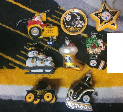 8pc lot Pittsburgh Steelers ornaments Forever wagon,tractor,plate,stocking,sled Cover