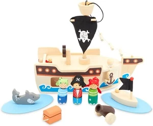 BLUE PANDA Wooden Pirate Ship Toy Playset for Kids with Shark Figurine, Boat & 1 - Picture 1 of 10