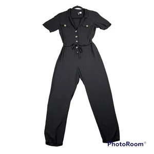 H&M Jumpsuit Women 0 US Black Button Front Belted Straight Ankle Leg Lightweight - Picture 1 of 19