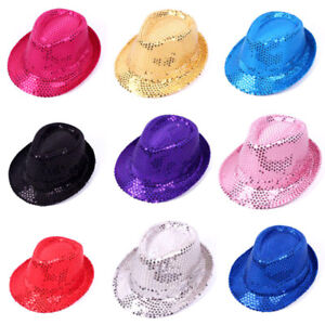 Mens Womens Dance Fedora Hats Glitter Sequin Hat Jazz Fancy Dress Party Caps