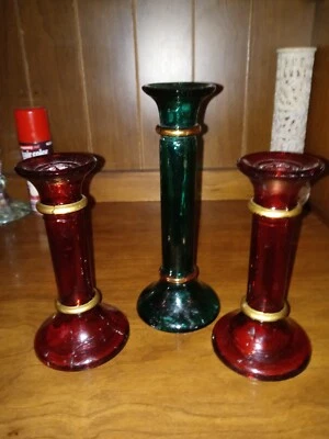 Pier 1 Green&Rare Red Glass Gilded Candlestick/Bud Vase Set of 3 Spain - Image 1 of 4