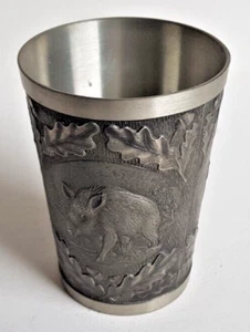 Zinn Becher Wildschwein Eber Hirsch Auerhahn Eichenlaub Jagd Zinnbecher Vintage - Bild 1 von 9