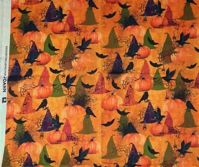 Halloween Cotton Fabric 31" X 42" Pumpkins Crows Witches Hat Joann - Image 1 of 2