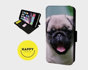 HAPPY LITTLE PUG - Faux Leather Flip Phone Case Cover - iPhone/Samsung - Picture 1 of 5