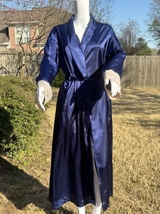 Jones New York Satin Robe Womens Size Large Blue with Floral Lace Lingerie Gown - Picture 1 of 16