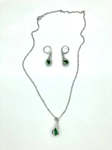 Schönes silberfarbenes Anhänger Halskette Ohrring Set Geschenke für sie - grün - Bild 1 von 8