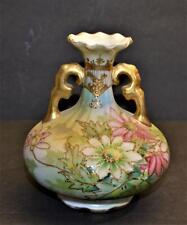 Atq NIPPON Porcelain Maple Leaf Marks Hand Painted Moriage FLOWERS Handled Vase