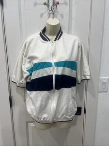 VINTAGE Jantzen Jacket Men Size LargeWhite/ Teal /black 80s Full Zip * - Picture 1 of 11