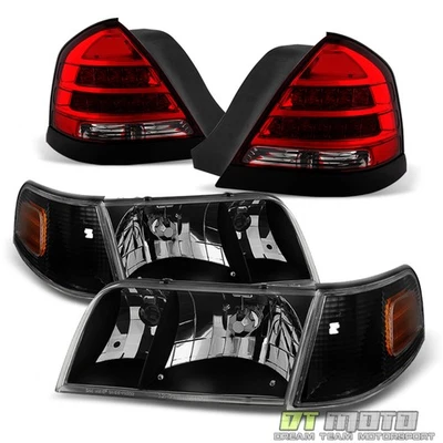 98-11 Crown Victoria Headlights +LED Tail Lights Lamps w/Black Trim Left+Right - Image 1 of 4