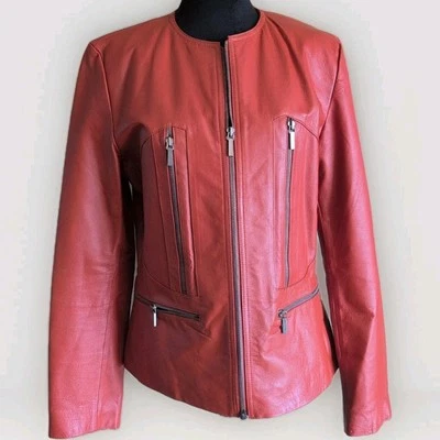 Prague Leather Jacket Cognac Brown Womens Sz Large Lined Full Zipper Pockets EUC - Image 1 of 4