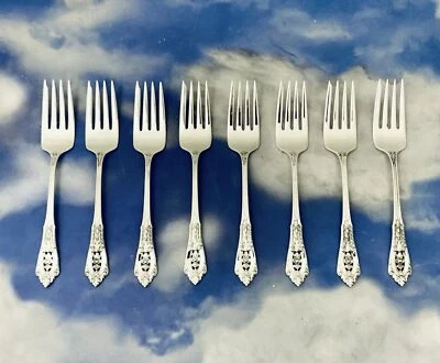 JUEGO DE 8 TENEDORES PARA ENSALADAS DE PLATA ESTERLINA ROSE POINT DE WALLACE ~ ALTA CALIDAD-COMO NUEVOS  Foto 1 de 3