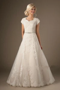 Neck Applique Lace Wedding Dresses Cap Sleeve A Line Floor-Length Bridal Gowns - Picture 1 of 3