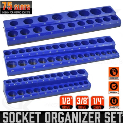 3Pc Magnetic Socket Organizer Storage Holder Tool 1/4" 3/8" & 1/2" Drive Metric - Image 1 of 4