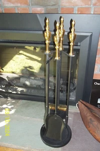 Vintage Brass Fireplace 4 Piece Tool Set With Stand tong shovel brush poker - Picture 1 of 3