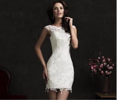 Sexy Cap Sleeves Sheath Beaded Sequins Short Wedding Dresses Lace Bridal Gowns- - Image 1 of 4