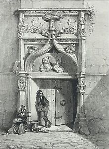 Aurillac Porte gothique pinacles fleurons et accolade lithographie 1837 France