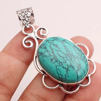 Turchese Gemma Placcato Argento Handmade Ciondolo Gioielli Regalo 4.5cm P-13461 - Immagine 1 di 3