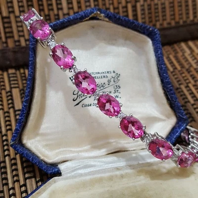 Pulsera Tenis Plata de Ley 925, Pulsera Topacio Rosa Genuino, Ajustable  Foto 1 de 4