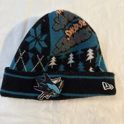 NHL San Jose Sharks Black & Blue Knit Beanie w/ Embroidery Cuff & Pom New Era - Image 1 of 4