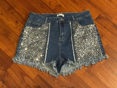 Pantalones Cortos Vaqueros Generation K Lentejuelas Flecos Bling Corte 14W Festival Western Foto 1 de 4