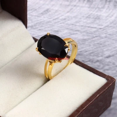 Anillo De Mujer De Plata Baño De Oro De 18k Con Piedra Preciosa Ónix Negro #33 - Imagen 1 de 4
