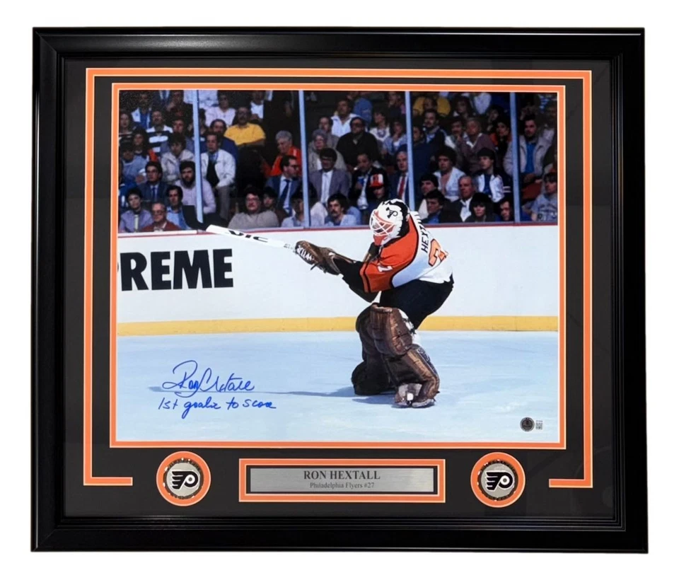 Ron Hextall Signed Framed 16x20 Flyers Goal Photo 1st Goalie To Score BAS - Image 1 of 2