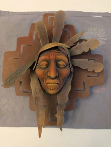 Vintage Native American Wall Sculpture 3D Metal Art w/ Feathers approx 13 X 10" - Picture 1 of 9