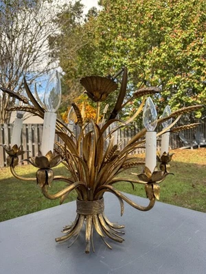 Vintage Italian MCM Regency Gilt Cast Iron 6-Arm 20" Chandelier Ft. Wheat Sheaf - Image 1 of 4