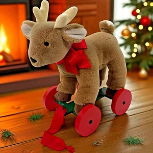 Hallmark Heartline Reindeer Plush Pull Toy Christmas Dercor 1990 Red Bow Vtg - Picture 1 of 13