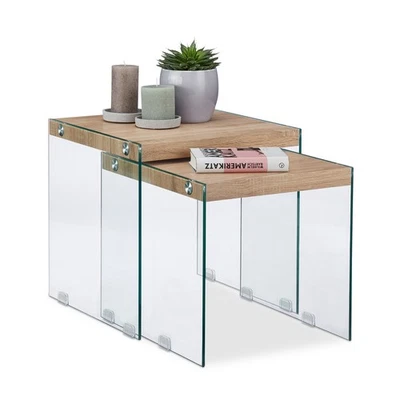 Satztisch 2er set Glas Ablagetisch 35 kg leicht Beistelltisch Set Deko Tisch 2er - Bild 1 von 4