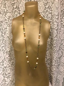 Signed 2028 Gold-tone Faux Pearl Crystals 42" Long Necklace Antiqued Metal  - Picture 1 of 7