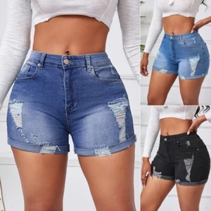 Women High Waisted Skinny Stretchy Denim Shorts Distressed Ripped Short Jeans - Picture 1 of 8