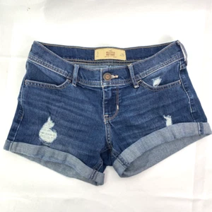 Hollister Womens Denim Shorts Blue Whisker Pockets Stretch Distressed Low Rise 3 - Picture 1 of 6