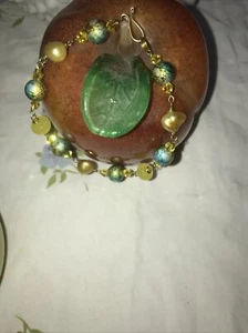 Vintage Venetian Bracelet, Lemon Jade/brass, Pearl, metallic Crystals, Italy 60 - Picture 1 of 24