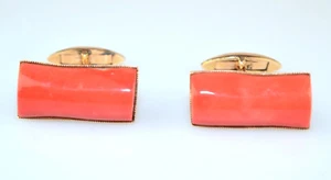 VINTAGE 14K YELLOW GOLD GENUINE CORAL CUFFLINKS ROUNDED RECTANGULAR 8.7 GRAMS - Picture 1 of 4