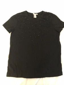 H&M Camisa Bordada Manga Corta Cuello Redondo Algodón Cuentas Negra, Talla XS Preppy - Imagen 1 de 6