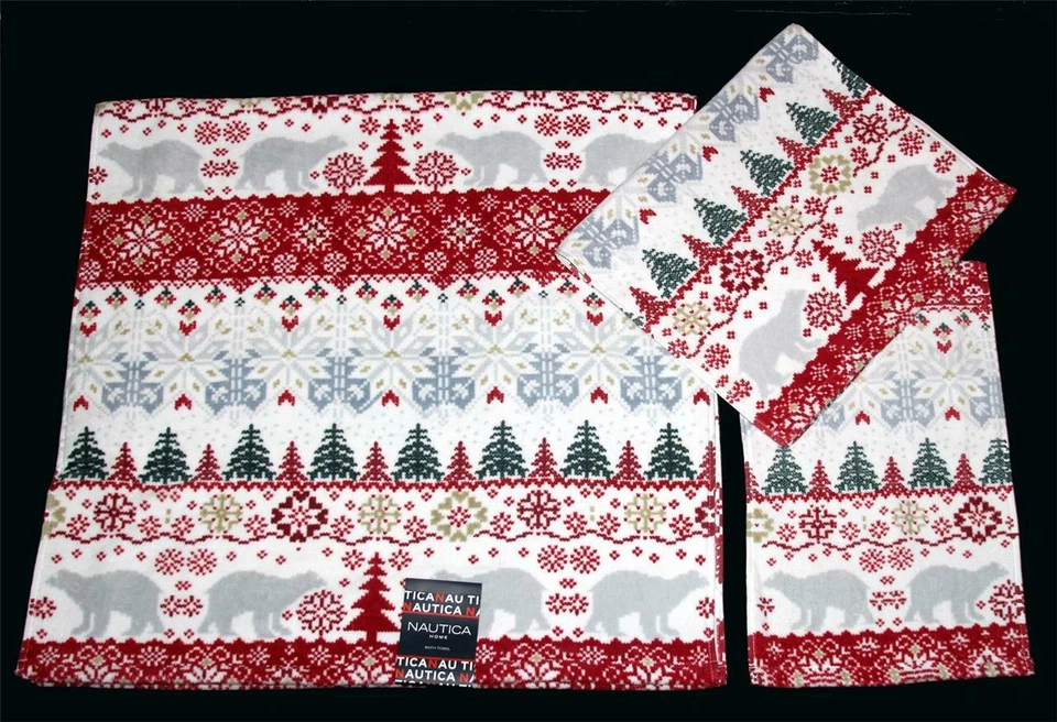 3 Nautica NORTH POLE Bears Trees Snowflakes Bath Hand Fingertip Towels NWT - Image 1 of 1